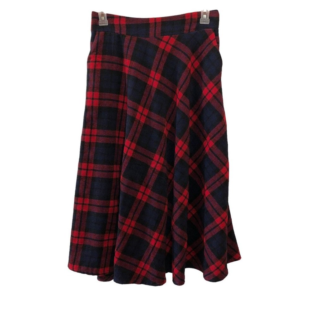 Dark Academia Medium Red Blue Plaid Pockets Pull On A Line Midi Wool Blend Skirt